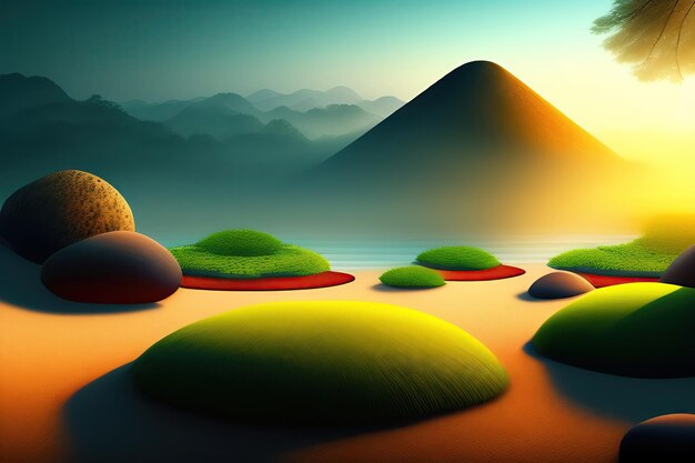 Foto zen-garten ein ruhiger morgen dunstiger zen-hintergrund hintergrundbild für meditation digitale kunst