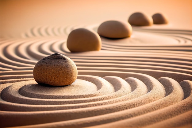 Zen Garten Meditation Stein im Sand und Wellen Hintergrund Generative KI