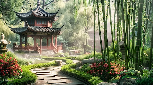 Zen-Garten Schönheit Traditionelle asiatische Landschaft Friedliche Mischung aus Natur und Architektur