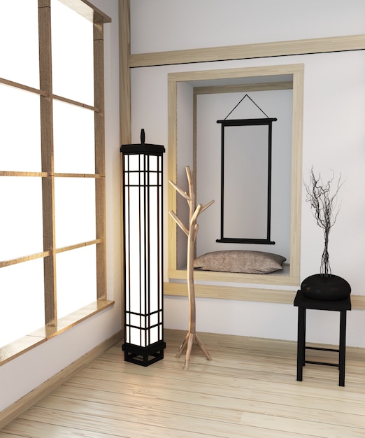 Zen moderno interior japonés con estante de madera idea de habitación Japón y piso de madera. Renderizado 3D