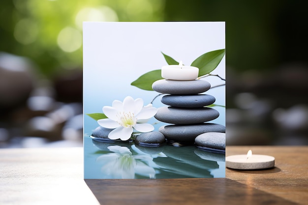 Foto zen o spa tarjeta de felicitación o invitación con composición cautivadora tranquilidad y paz