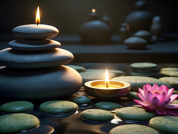 Zen-Steine mit Kerze und Lotusblumen im Hintergrund