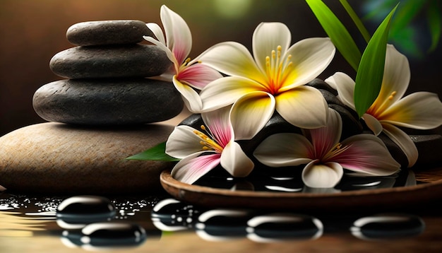 Zen-Steine und Bambus auf dem Wasser, gesäumt von Spa-Kieseln und Plumeria-Blumen Generative KI