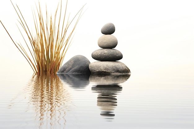 Foto zen steine und gras auf dem wasser am morgen