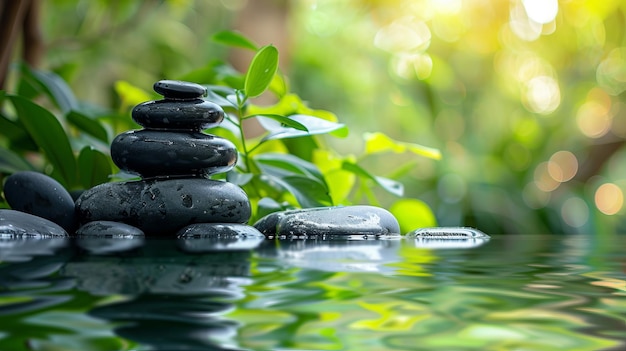 Zen Steine und Wasser in einem friedlichen grünen Garten Entspannungszeit