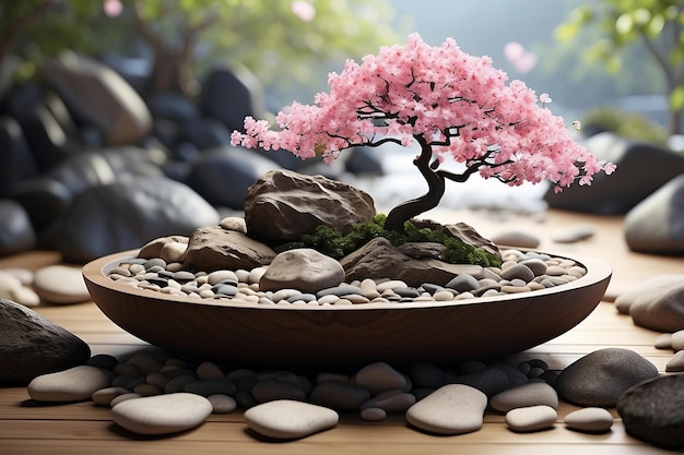 Zen-Steingarten mit sorgfältig platzierten Kieselsteinen und einem Bonsai-Kirschblütenbaum