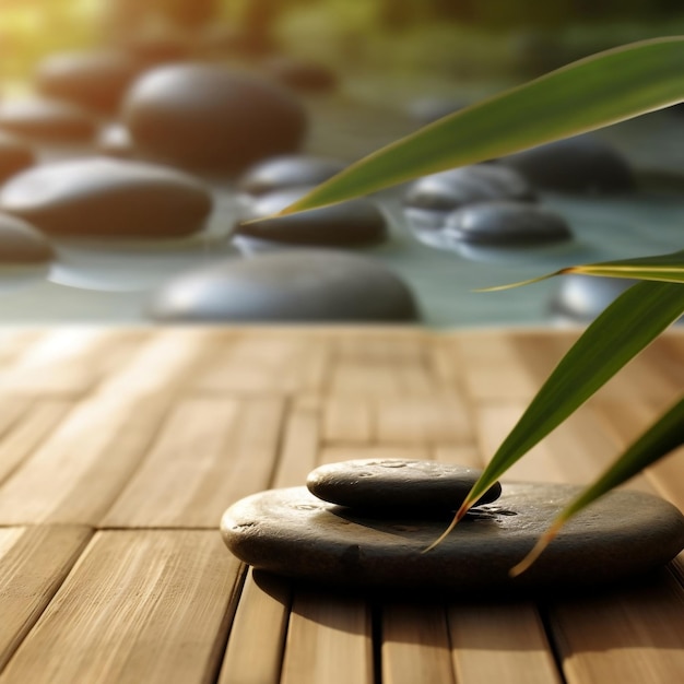 Zen Stone on Wooden Terrace Serene Retreat IA generativa