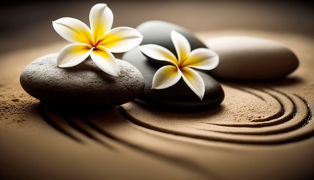 Zen stones com linhas na areia do spa e conceito de harmonia de flores de plumeria ia generativa