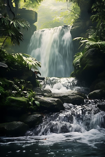 Zen Wasserfall-Teich mit mehrstufigem Wasser Featureandrocksflu Schönheitsrahmen Foto-Szene Social Post