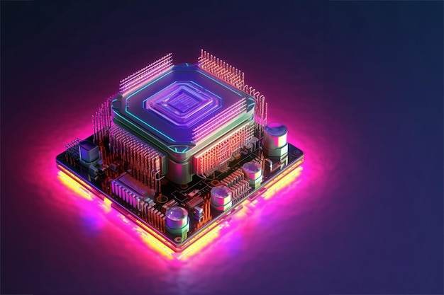 zentraler Computerprozessor mit Neonlichtern, integrierter Mikrochip-Leiterplatte für isometrische Server