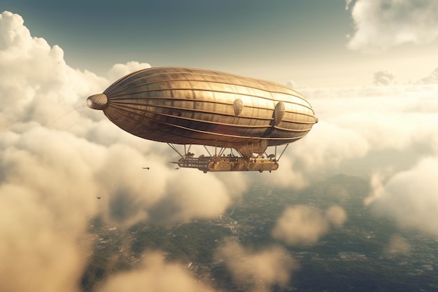 Zeppelin flotando entre las nubes en la década de 1920 evocando una sensación de utopía generada por IA