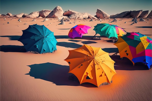 Zerbrochene bunte Regenschirme verstreut auf rissigem Wüstenboden, erstellt mit generativer KI