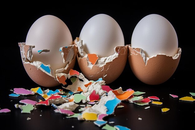 Foto zerbrochene eierschalen, die farbenfrohe konfettiblätter im inneren aufdecken