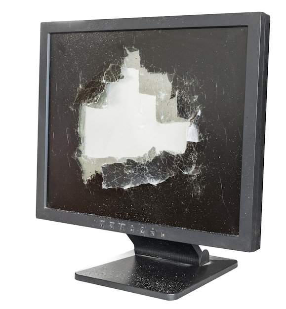 Foto zerbrochener monitor mit beschädigter glasscheibe isoliert