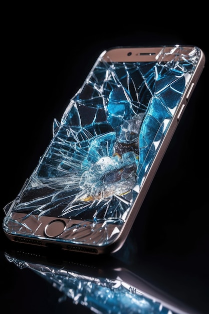 Zerbrochener Smartphone-Bildschirm mit Rissen und zerbrochenem Glas, erstellt mit generativer KI