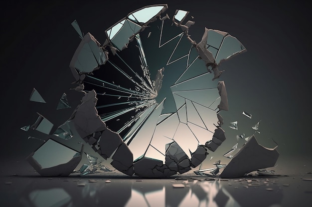 Zerbrochener Spiegel in viele Stücke zerbrochen Zerstörtes oder zerbrochenes Glas Ernüchterungskonzept Realistische 3D-Darstellung Bild ist KI-generiert