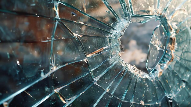 Foto zerbrochenes glas mit scharfen kanten und rissen das zerbrochene glas hat ein webartiges muster, bei dem ein helles licht durch die risse scheint