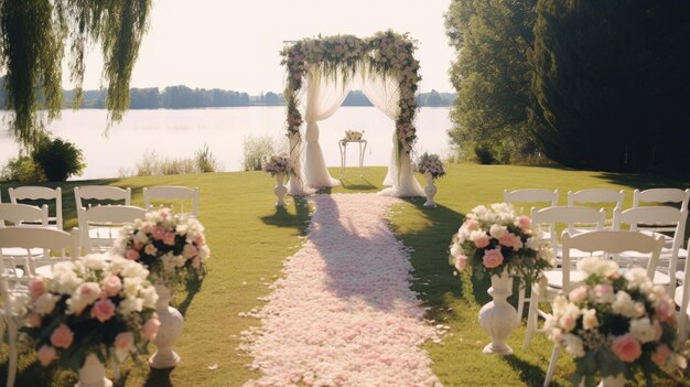 Zeremonie Hochzeitsbogen Hochzeitsbogen Hochzeitsmoment Dekorationen Hochzeitsdekorationen Blumen Stühle Freiluftzeremonie Blumensträuße