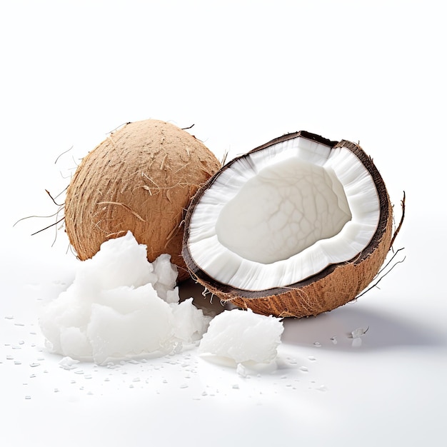 Foto zerkleinerte kokosnuss auf weißem hintergrund
