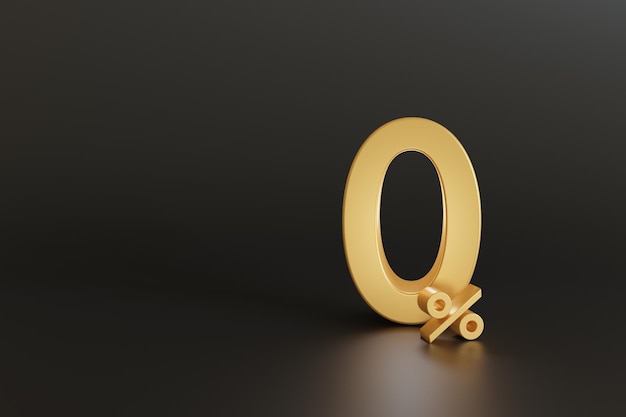 Zero por cento ou 0 sinal dourado e fundo escuro. renderização 3D.