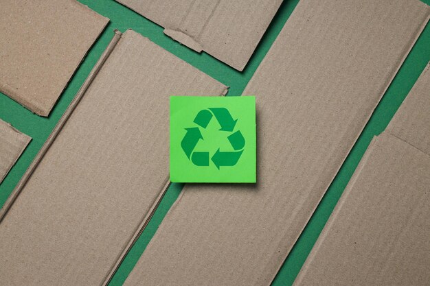 Zerrissener Karton auf grünem Hintergrund, Draufsicht Müllrecyclingkonzept