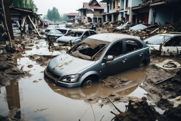 Zerstörte Autos auf einer Stadtstraße nach einer Naturkatastrophe durch Überschwemmungen Schmutz und Verwüstung im städtischen Gebiet