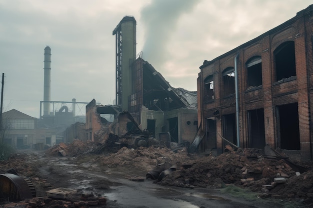 Zerstörte Fabrik mit kaputten Maschinen, Rauch steigt immer noch aus den Schornsteinen