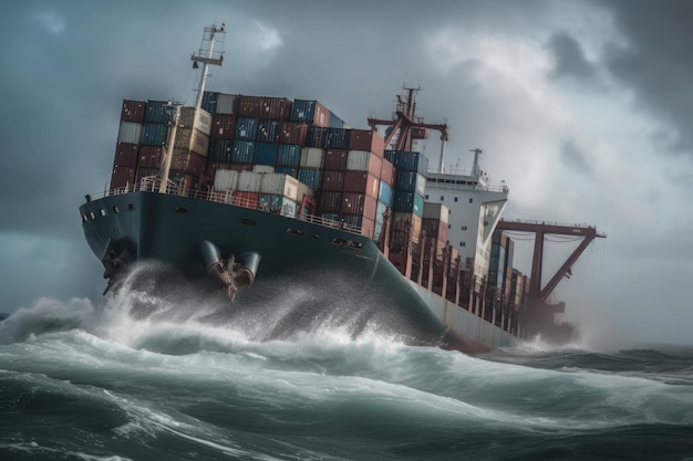 Zerstörtes Frachtschiff mit Containern in stürmischer See mit großen Wellen Generative KI