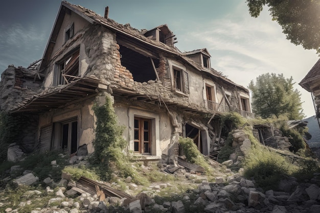 Zerstörtes Haus nach Erdbeben Generieren Sie Ai