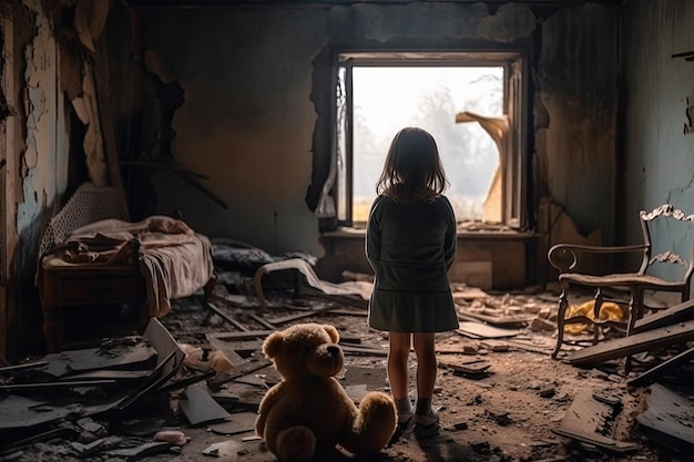 Zerstörtes und kaputtes Haus mit kleinem Mädchen darin Ukrainischer Flaggenkrieg in der Ukraine Konzept Generative KI