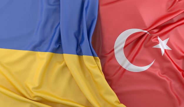 Zerzauste Flaggen der Ukraine und der Türkei 3D-Rendering