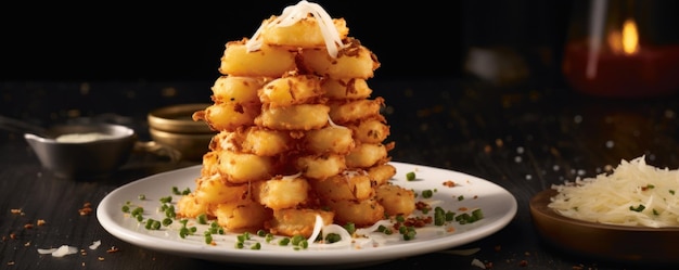 Foto zesty garlicparm tater tower uma torre de tater tots empilhados em alto revestido em um zesty garlicinfused