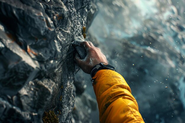 Foto zeuge der tapferkeit der bergsteiger, während ihre hände die generative ai greifen.