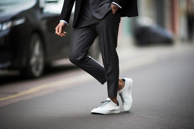 Zeugen der Verschmelzung von Stil und Komfort in dieser Nahaufnahme mit einem Mann Sneakers und Jogger kombiniert mit einem maßgeschneiderten Blazer präsentiert die Anpassungsfähigkeit von Athleisure von Fitness zu Mode