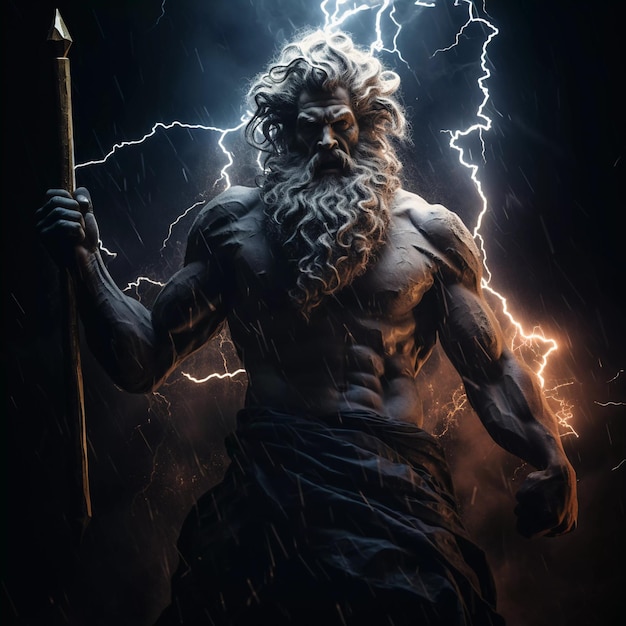 Zeus brutal dispara relámpagos contra el fondo de las nubes grises ai generadas