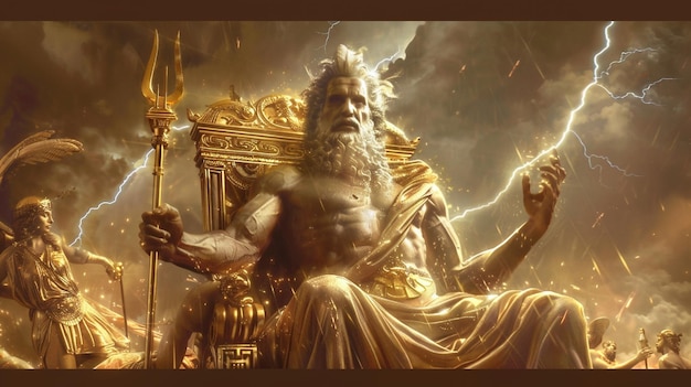 Zeus, rey de los dioses, sentado en un gran trono en la cima del Monte Olimpo.