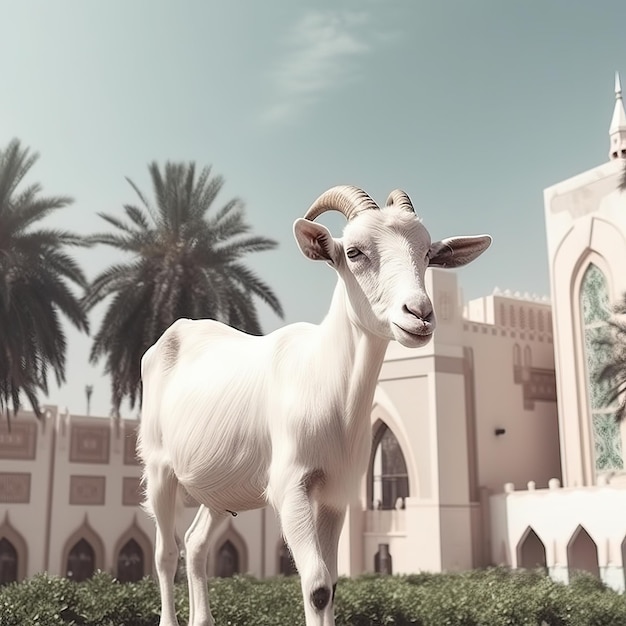 ziege vor schönheitsmoschee mit palme eid al adha hintergrund