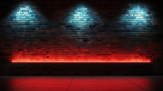 Ziegelsteinwandhintergrund mit roten und blauen Neonlichtern