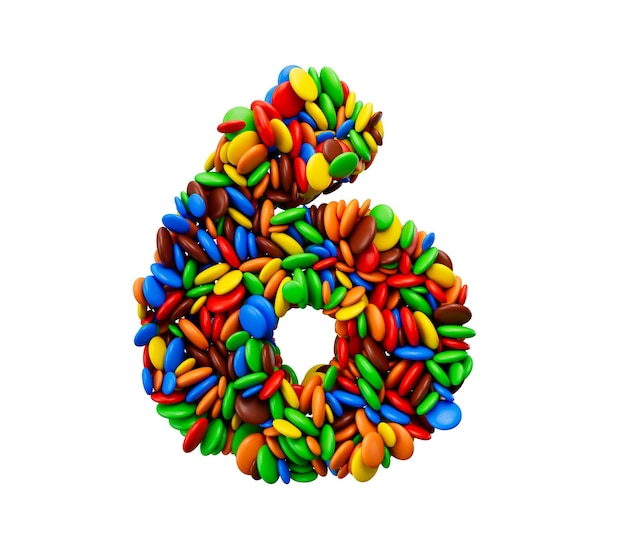 Ziffer 6 von mehrfarbigen Regenbogenbonbons Festlicher isolierter Hintergrund 3D-Illustration mit sechs Buchstaben