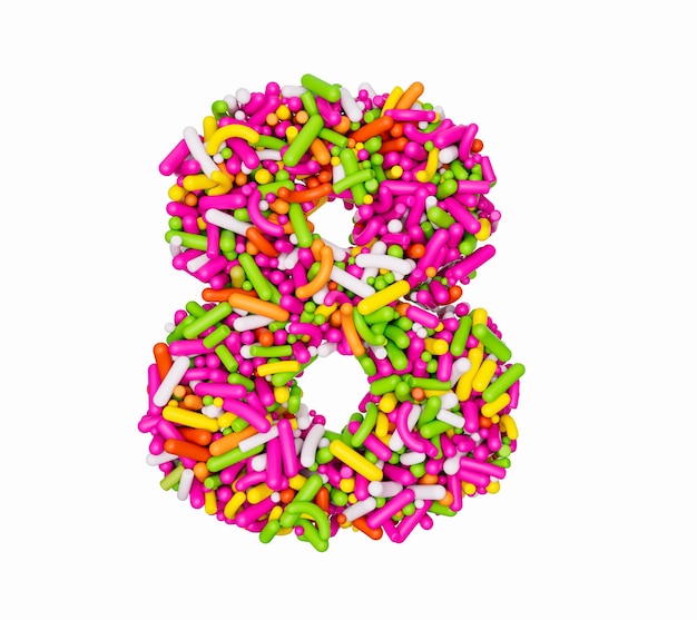 Foto ziffer 8 aus farbenfrohen sprinkles numerische acht zahl regenbogen sprinkles 3d-illustration