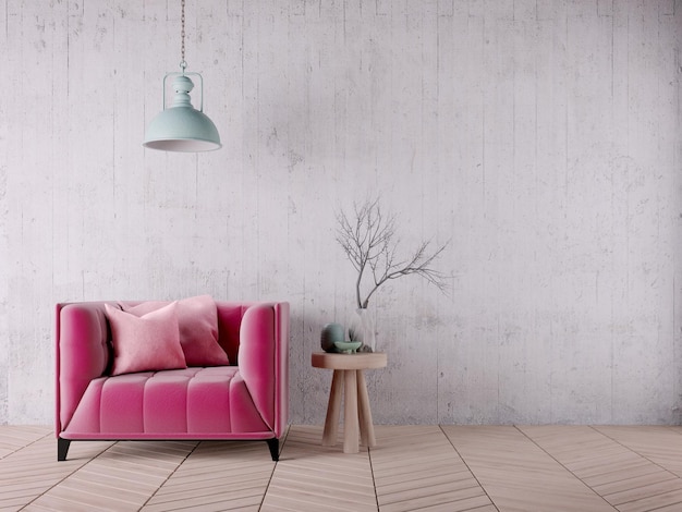 Zimmer im Vintage-Industriestil mit violetter Sessel-Holzboden-Deckenlampe und schmutzweißer Wand