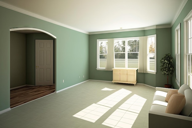 Zimmer mit frischer Farbe und neuen Möbeln bereit für einen neuen Mieter