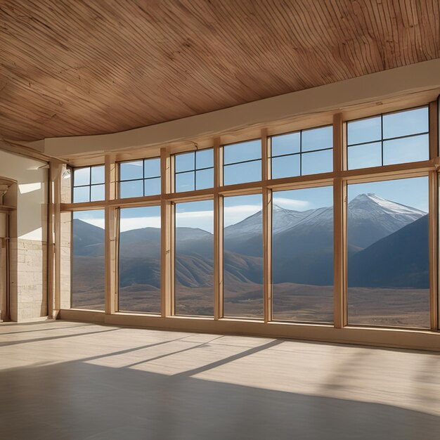 Zimmer mit großem Fenster und Bergblick
