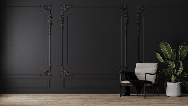 Zimmer mit Sessel und grüner Pflanze im Topf mit schwarzer Wand mit Zierleisten im klassischen Stil und Holzboden 3D-Rendering