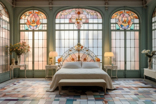 Zimmer modernes Fensterdesign Schlafzimmer Hotel Bettwäsche Innenraum Luxus weiße Möbel