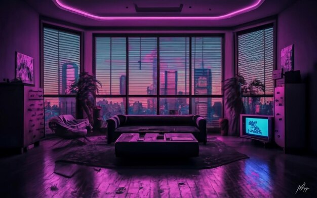 Zimmerfenster Neon-Synthwave-TV-Szenerie Innenarchitektur