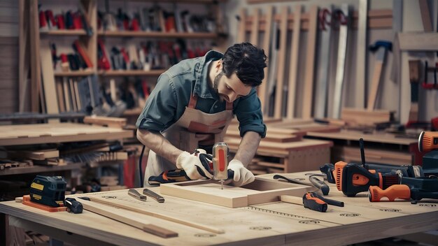 Zimmermann arbeitet mit Geräten an einem Holztisch in einer Zimmerwerkstatt
