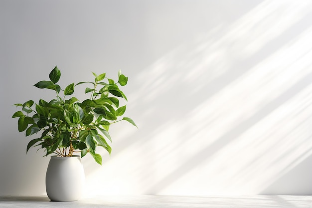 Zimmerpflanze einer Pothos-Pflanze im Topf auf weißem Wandhintergrund mit Sonnenlicht am hellen Tag