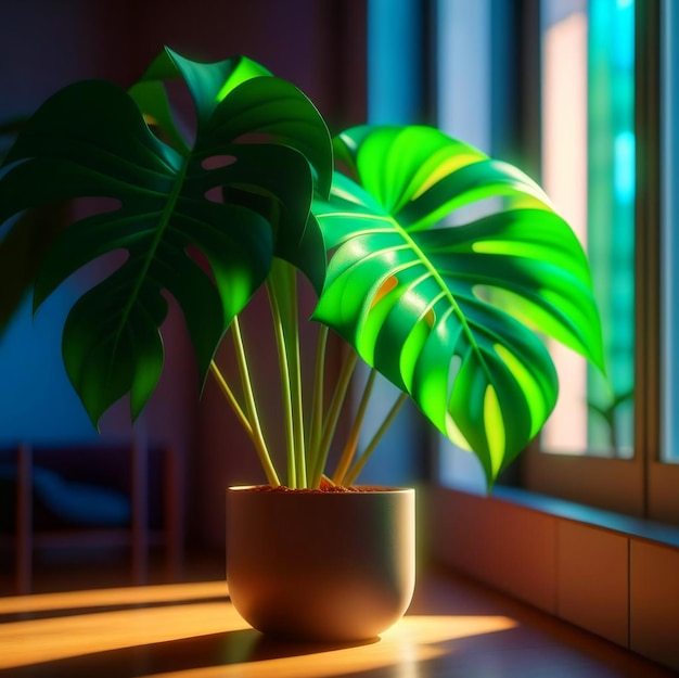 Zimmerpflanze in einem Topf mit blühendem Blattwerk auf minimalem Hintergrund