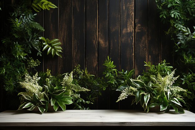 Zimmerpflanze Leerer alter Holztisch mit grünen Blättern für Ausstellungsprodukte auf verschwommenem Hintergrund